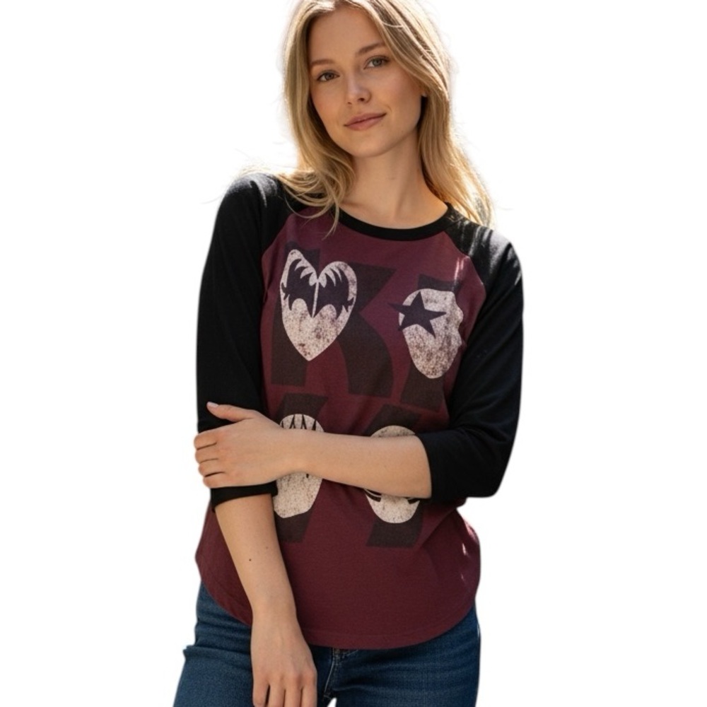 KISS VINTAGE GRAPHIC BAND T SHIRT 3/4 SLEEVE BLACK BURGUNDY TOP